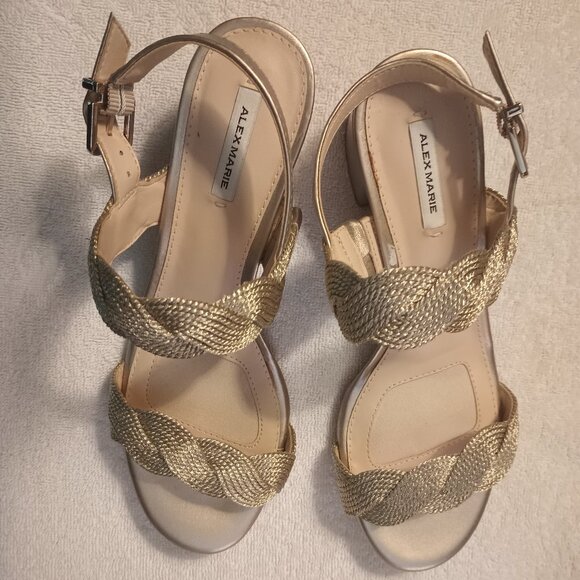 Alex Marie Devah Gold Braided Rope Block heel sandals. - Picture 1 of 4